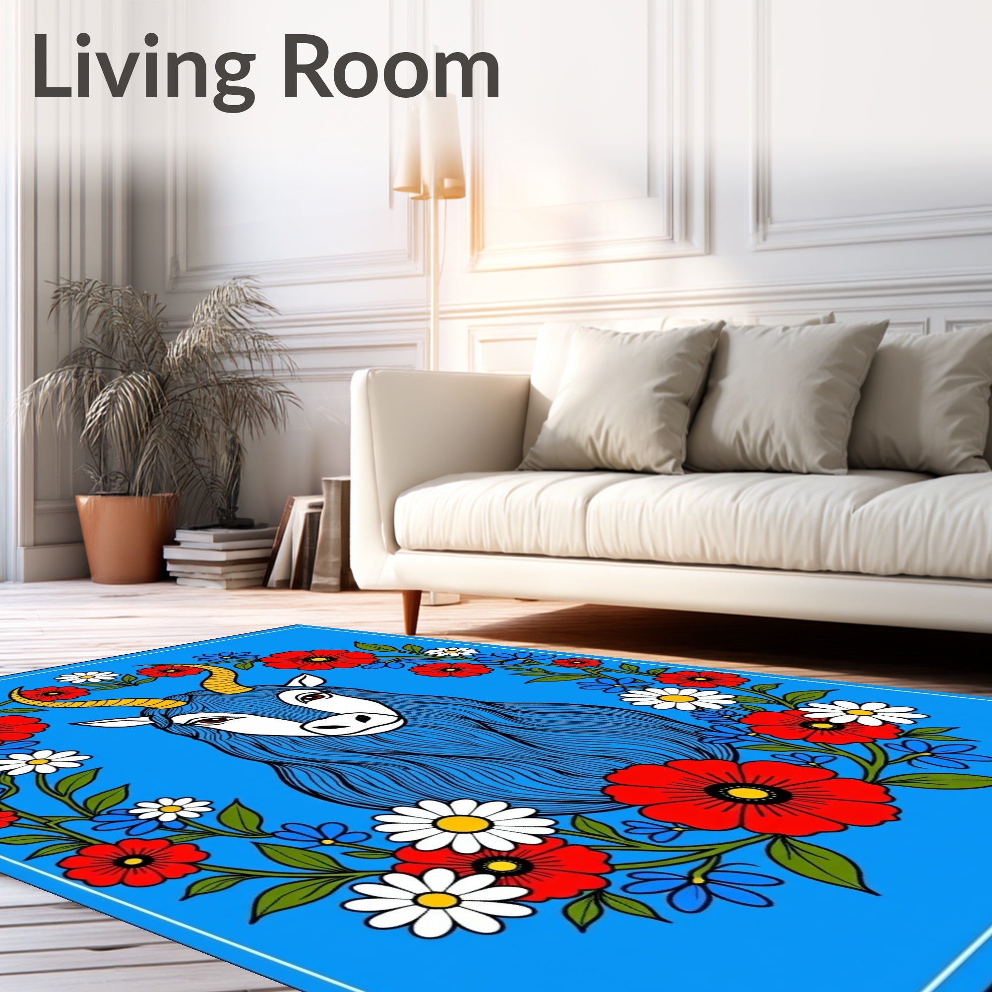 Bold Blue Goat Floral Crown Rug