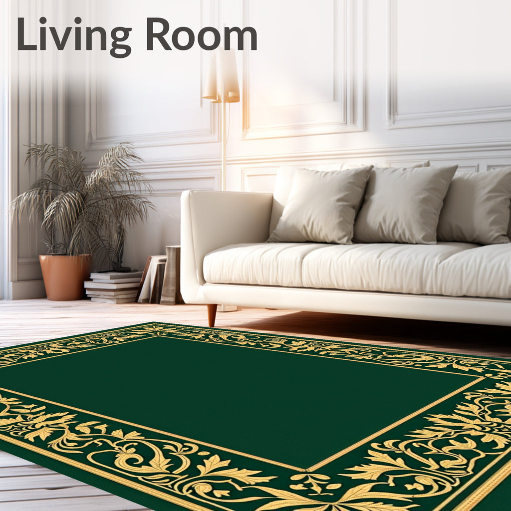 Gold Floral Border Emerald Green Rug