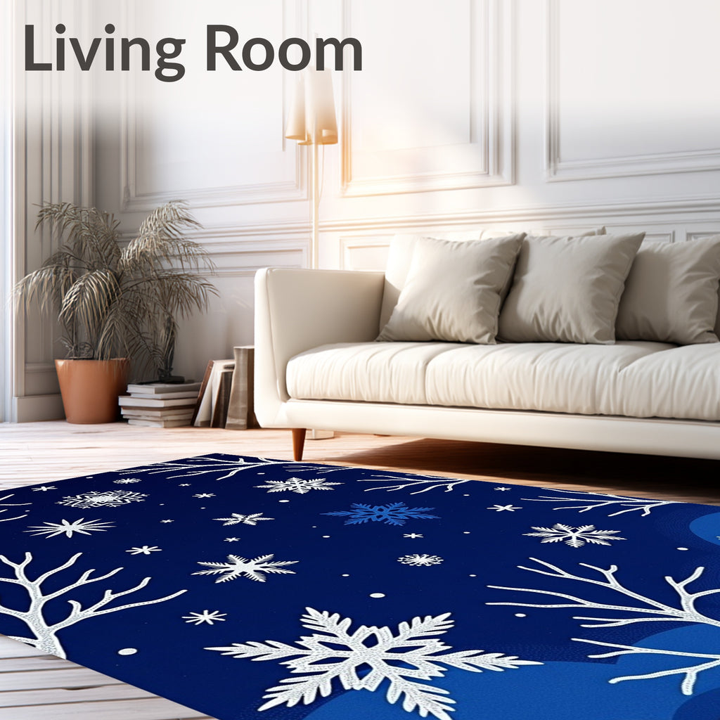 Deep Blue Winter Snowflake Tree Scene Rug