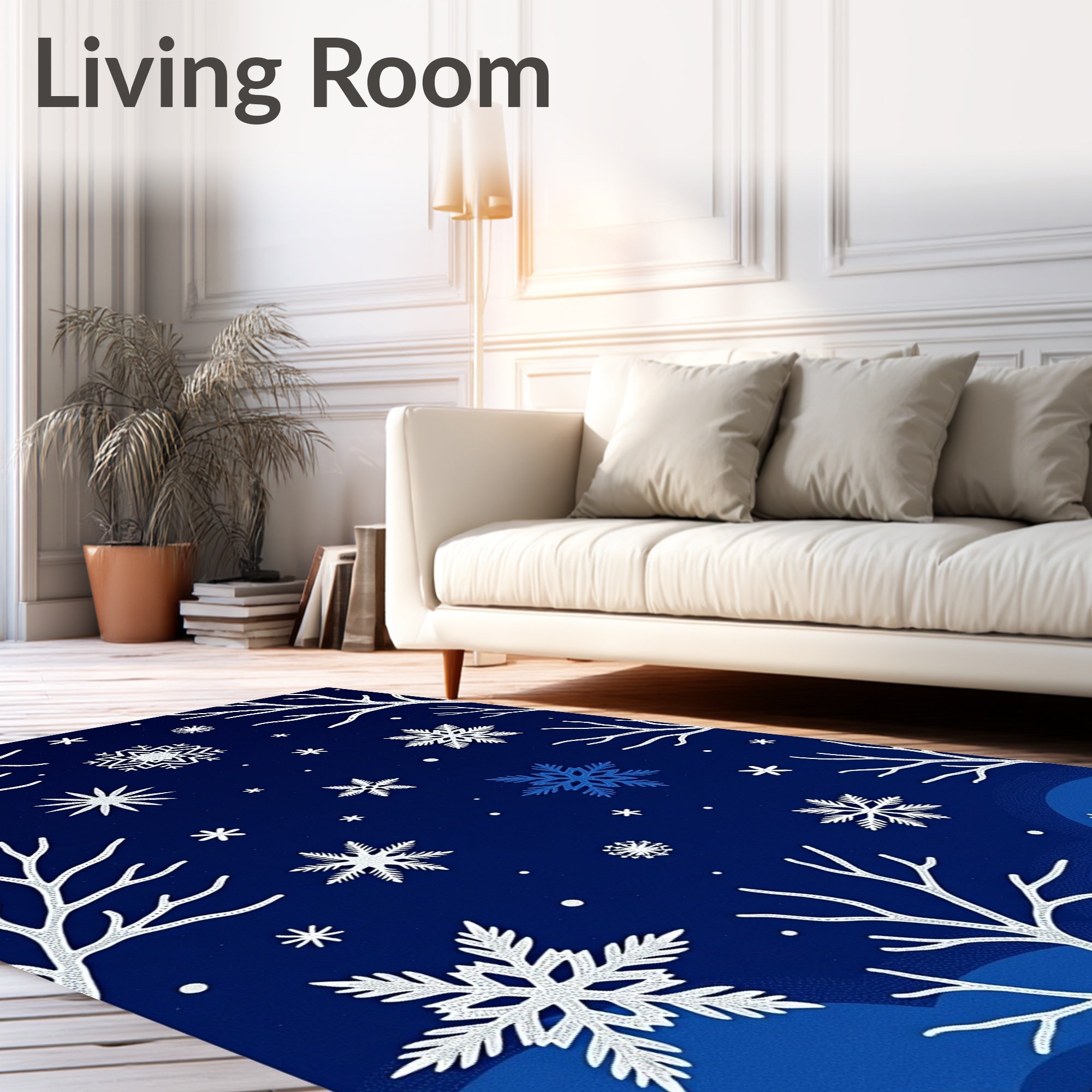 Deep Blue Winter Snowflake Tree Scene Rug