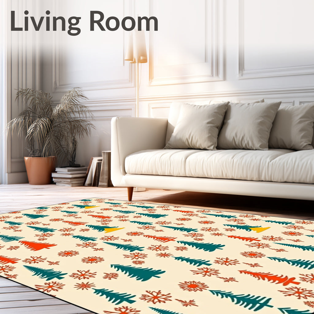 Festive Red Teal Tree Snowflurry Rug