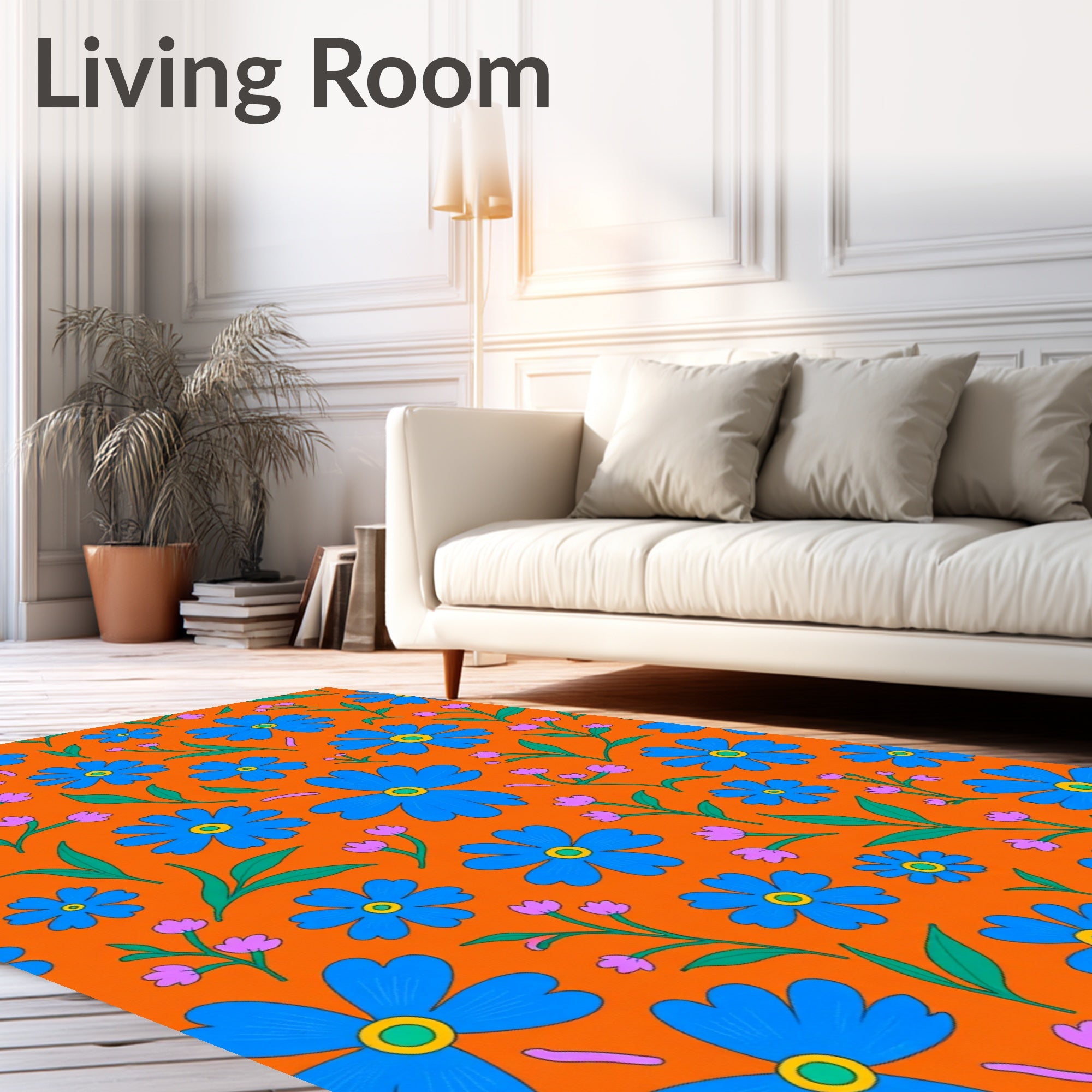 Retro Blue Daisy Orange Floral Rug