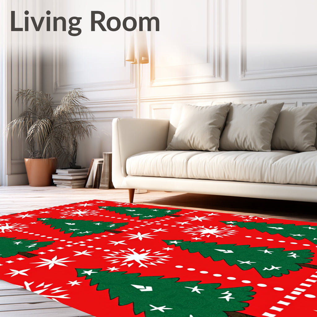 Christmas Trees Snowflakes Red White Rug