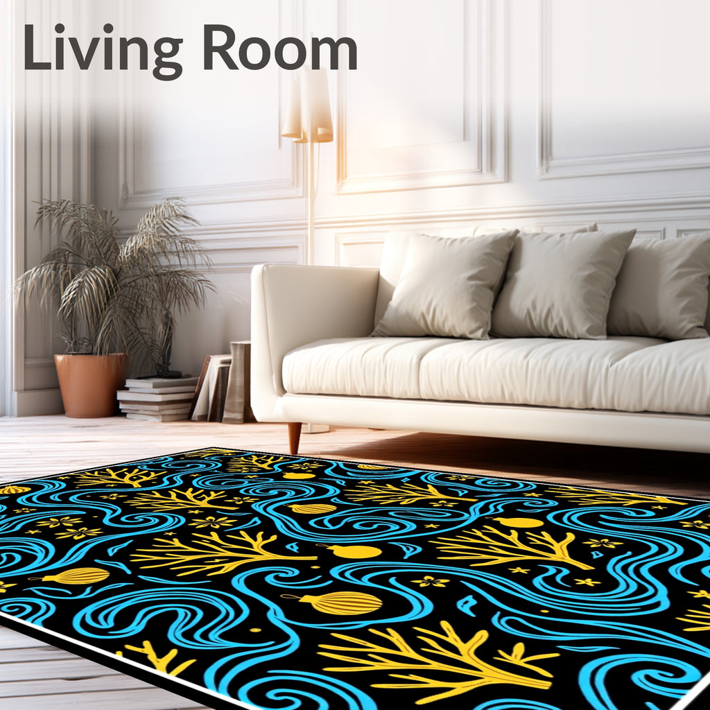 Black Yellow Blue Swirl Tree Ornament Rug