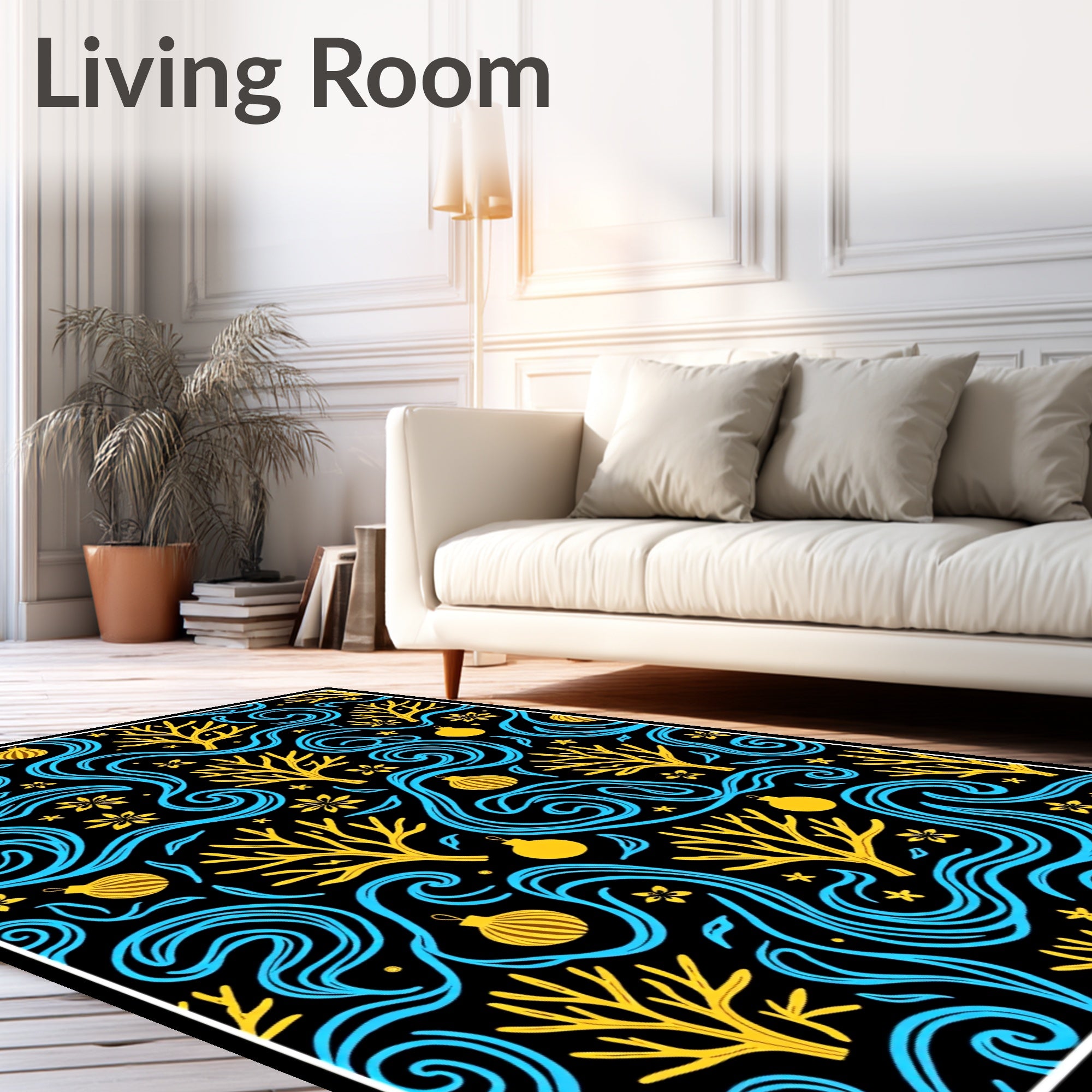 Black Yellow Blue Swirl Tree Ornament Rug
