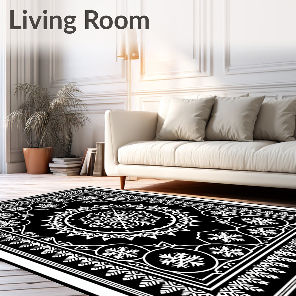 Monochromatic Ornate Snowflake Mandala Medallion Rug