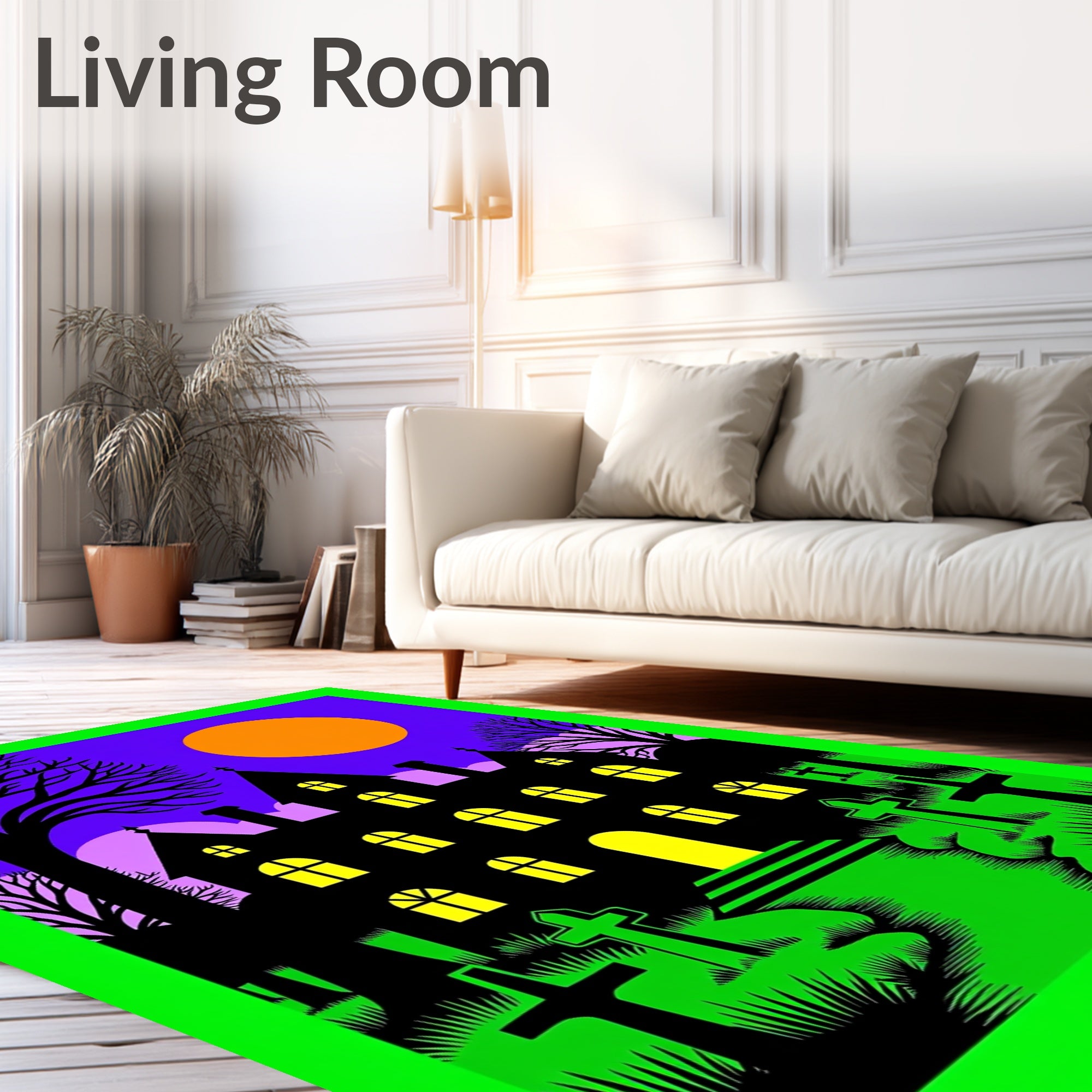 Spooky Mansion Orange Moon Haunted Graphic Rug