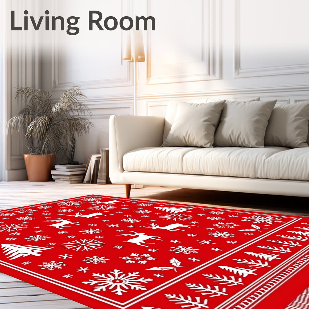 Vibrant Red Reindeer Snowflake Trees Rug