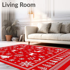 Vibrant Red Reindeer Snowflake Trees Rug