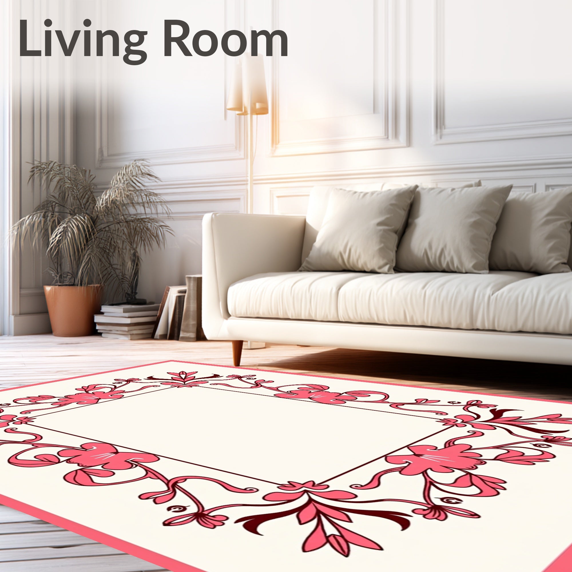 Rose Pink Floral Vine Border Rug
