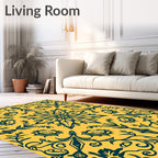 Royal Blue Floral Medallion on Yellow Rug