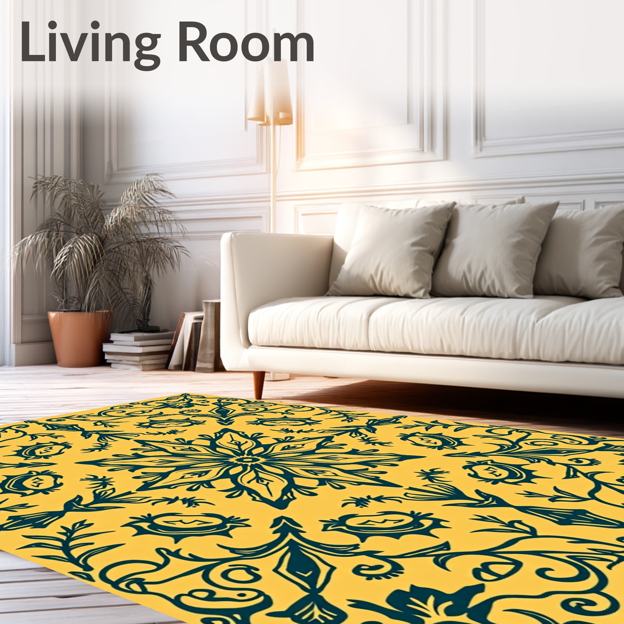 Royal Blue Floral Medallion on Yellow Rug
