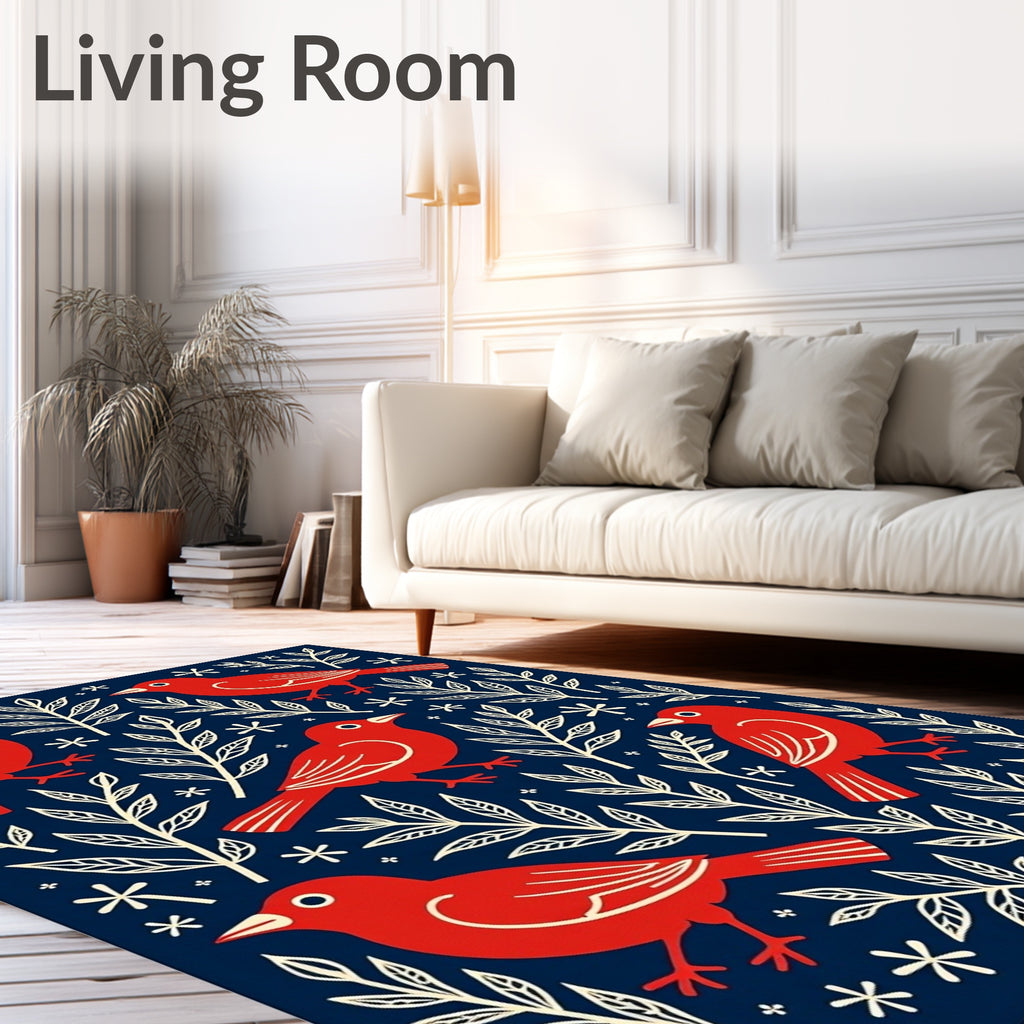 Red Birds With Creamy Branches Navy Rug