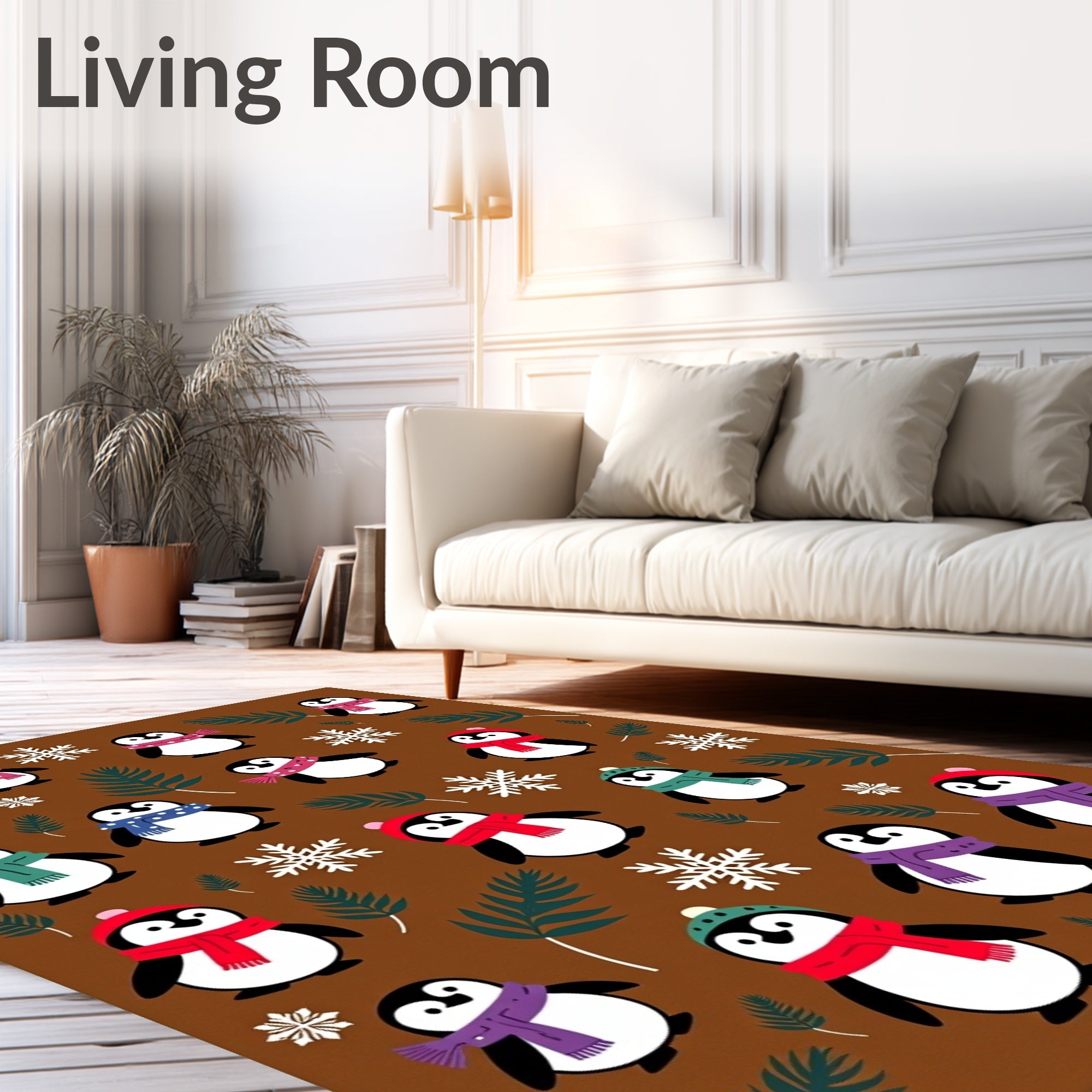 Charming Penguin Snowfall Brown Holiday Rug