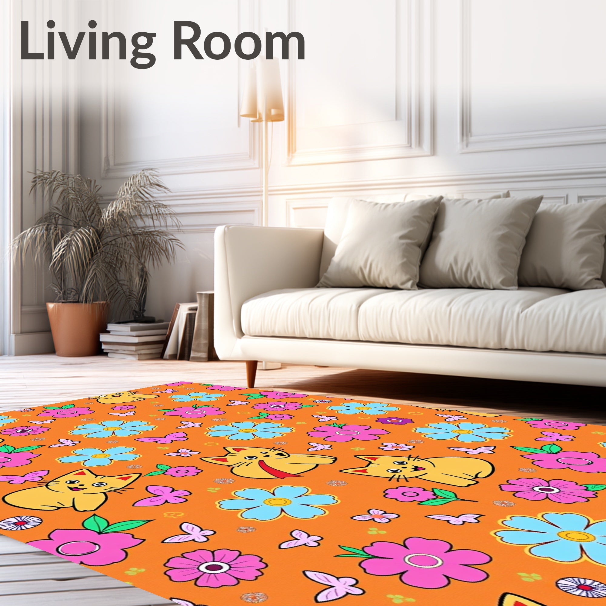 Whimsical Yellow Cats Pink Blue Flowers Rug