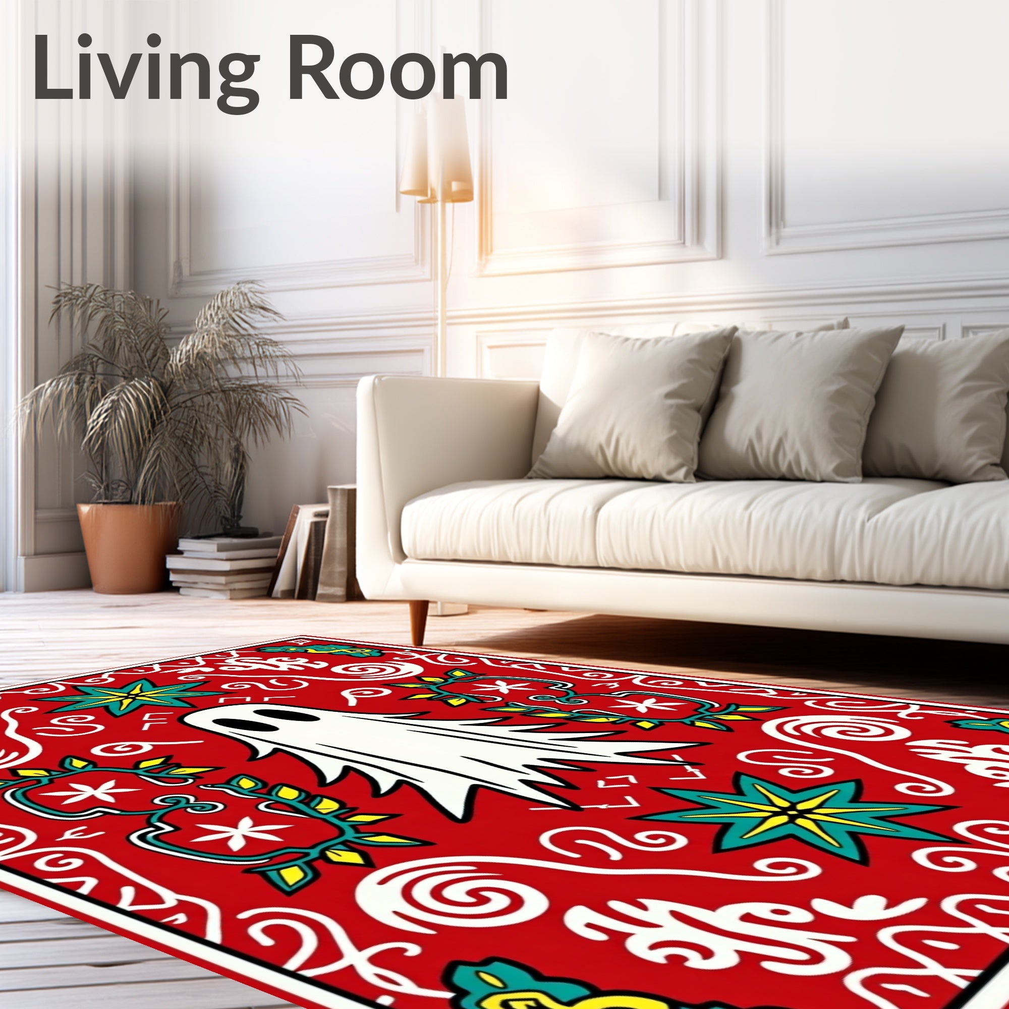 Whimsical White Ghost Festive Red Rug