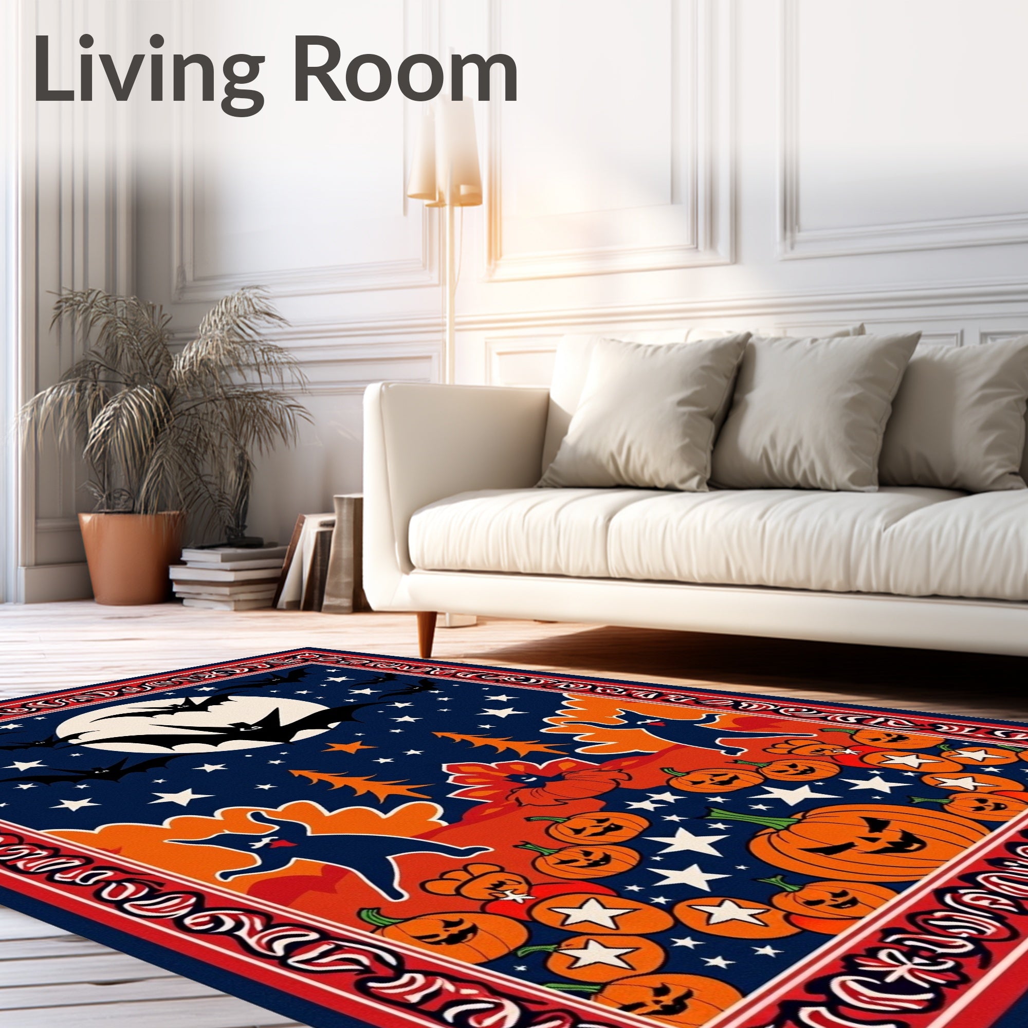 Spooky Night Halloween Bat Pumpkin Border Rug