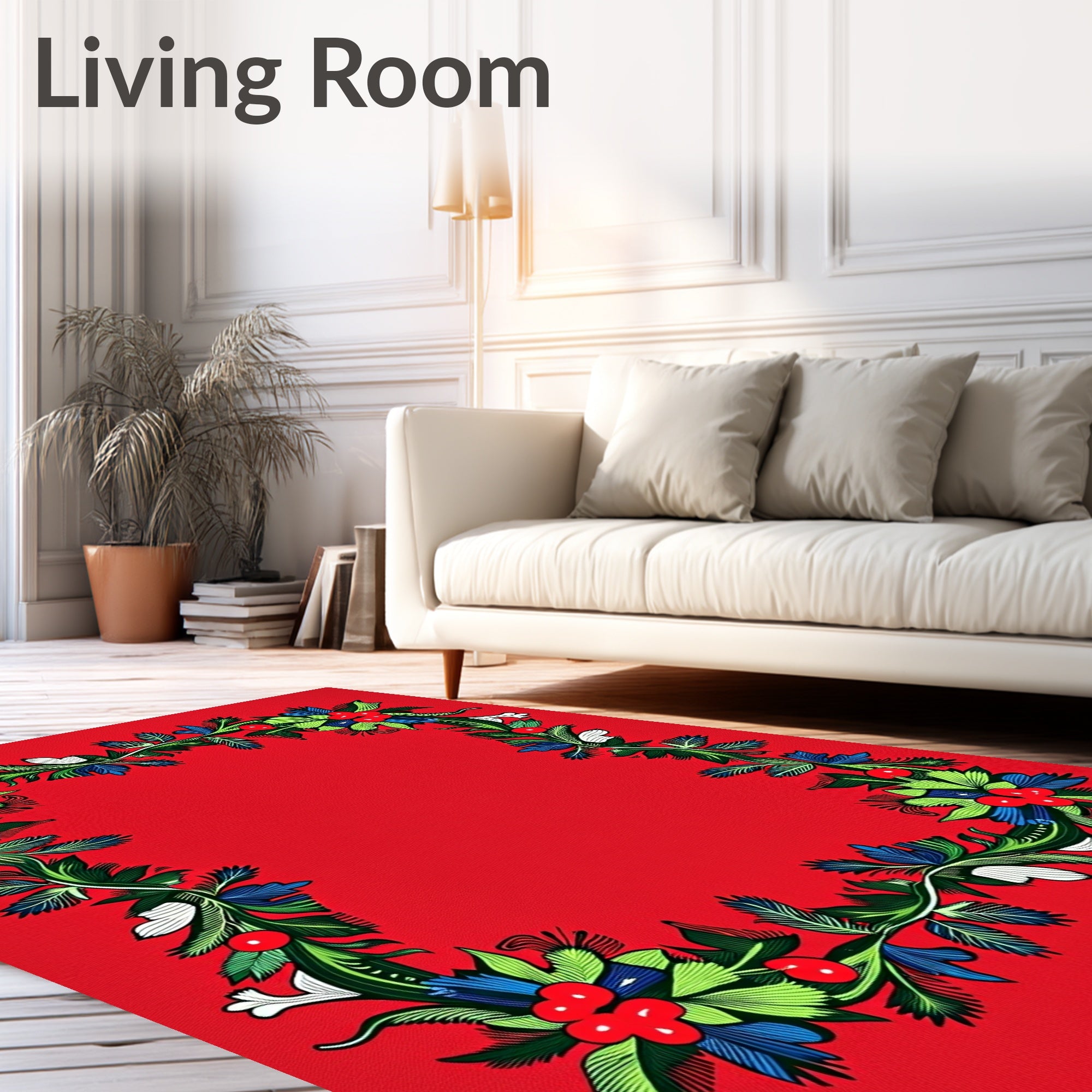 Crimson Red Botanical Wreath Rug