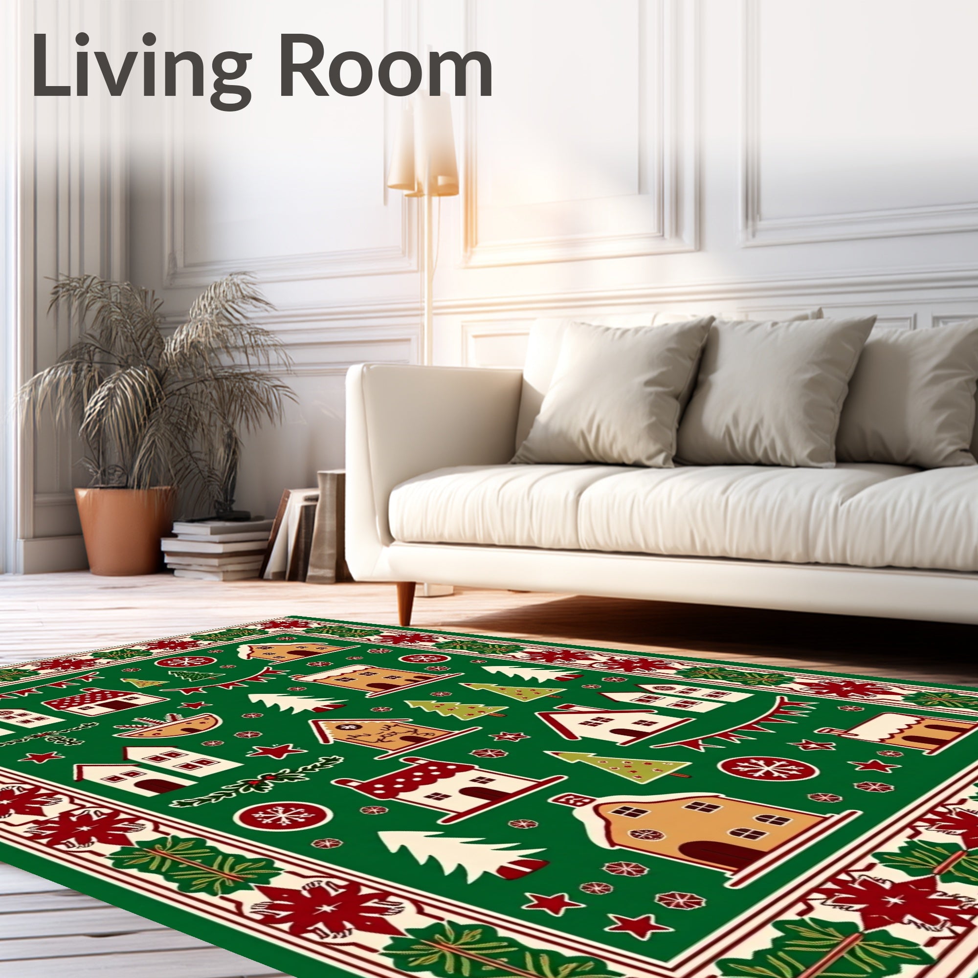 Christmas Village Houses Gingerbread Trees and Snowflakes Rug