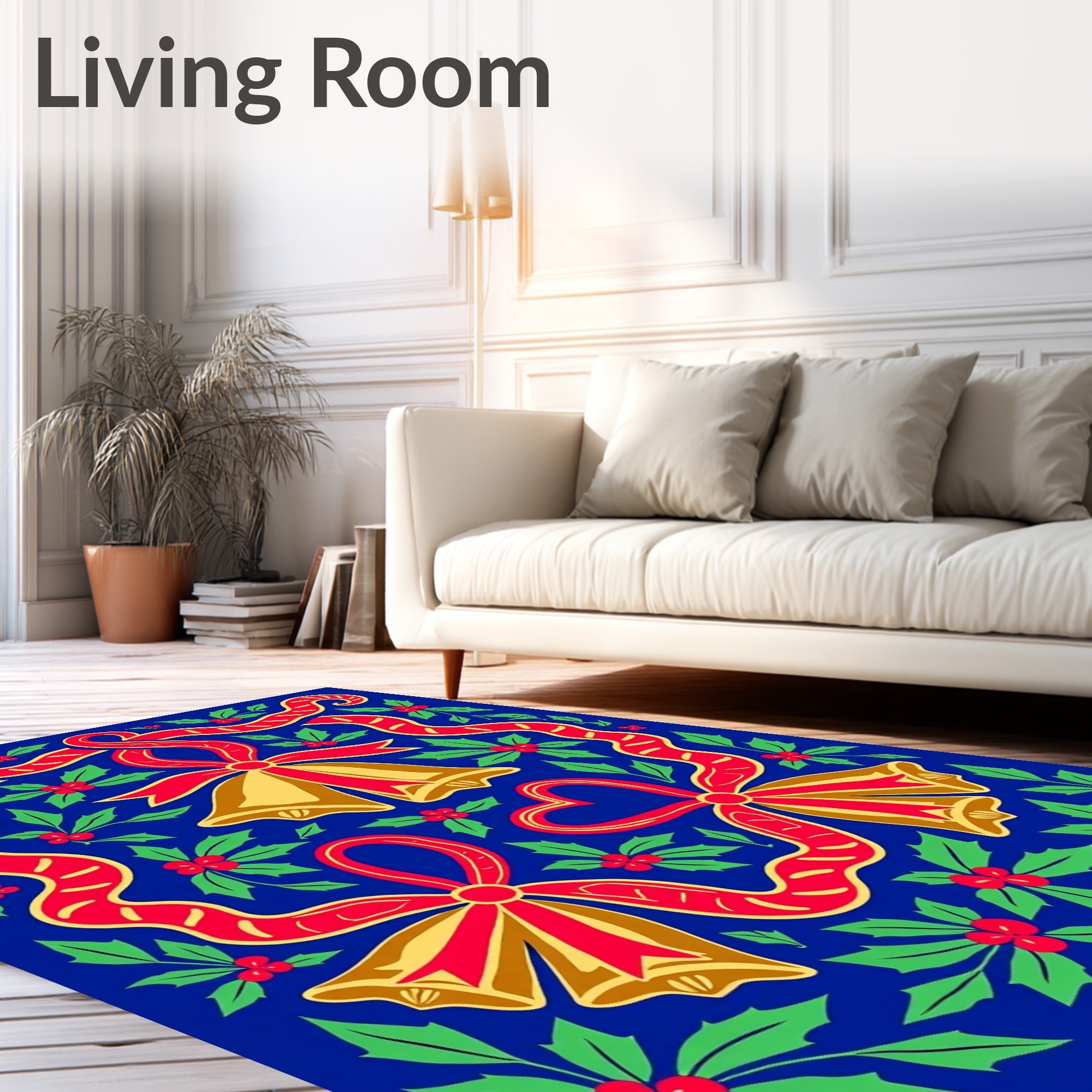 Red Gold Bells Festive Holly Ribbons Rug