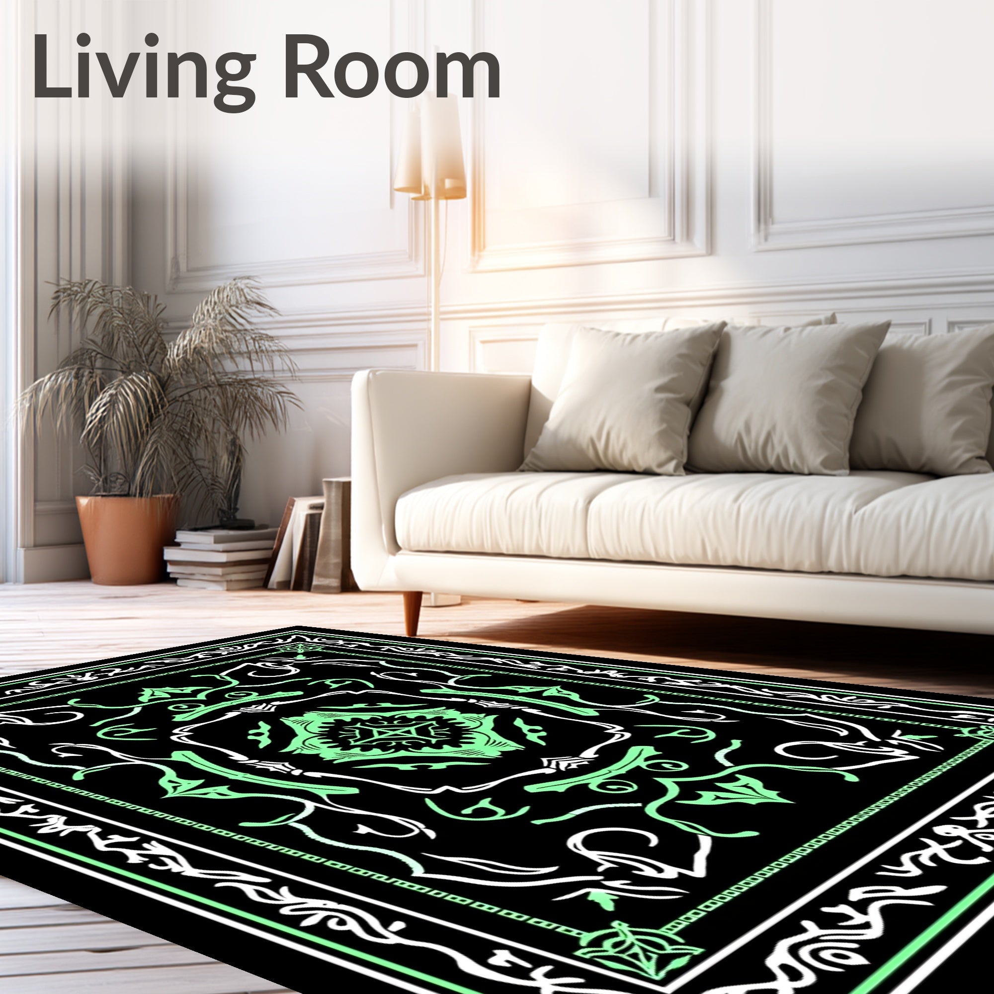 Ornate Mint Green Black Medallion Rug