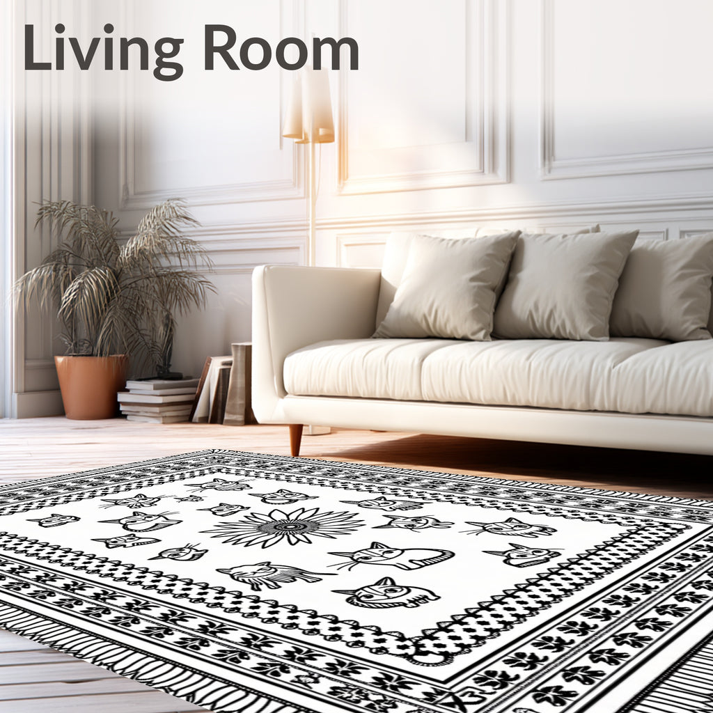 Whimsical Cat Cartoon Sunburst Border Rug