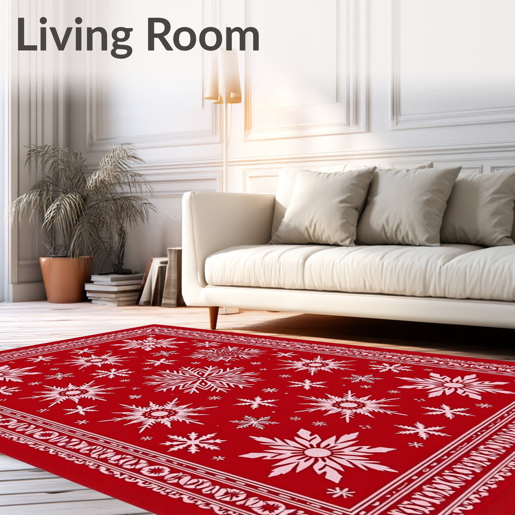 Crimson Snowflake Scatter Border Rug