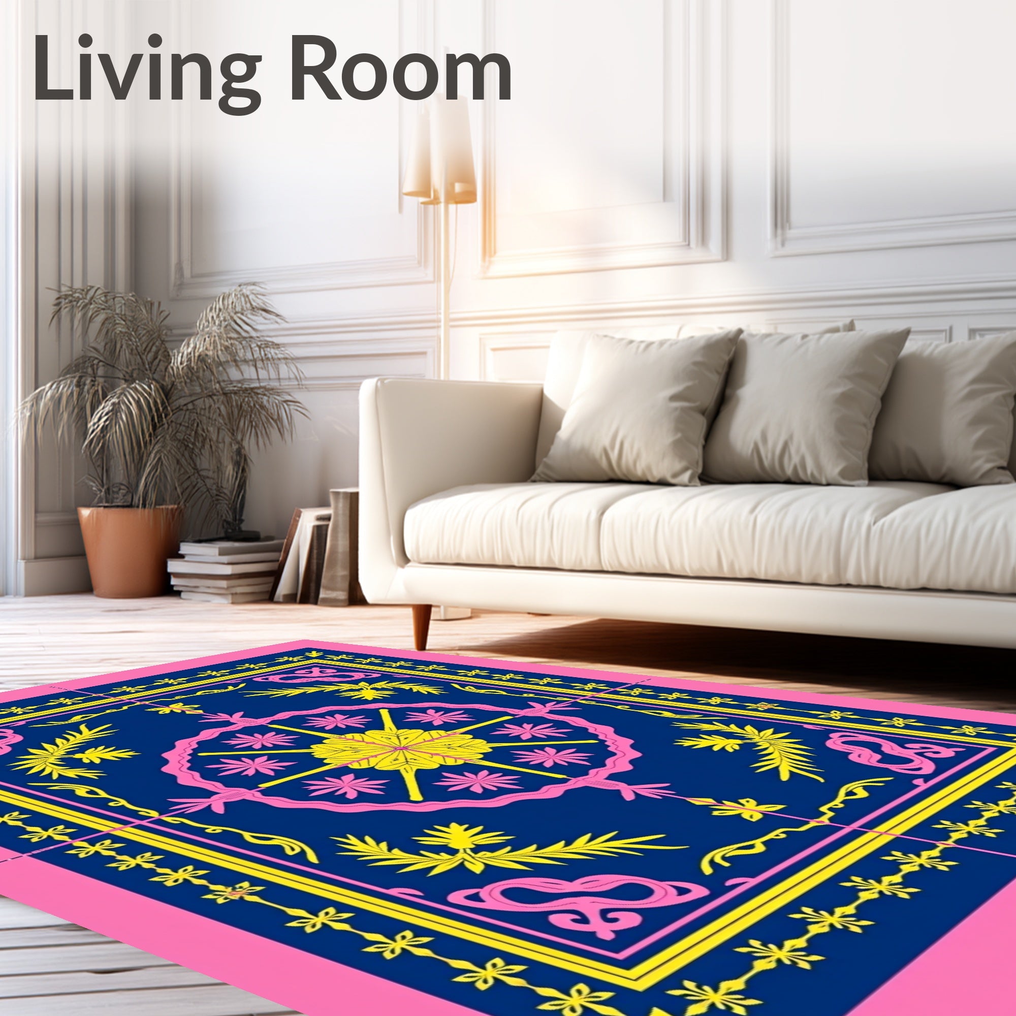 Vibrant Pink Blue Yellow Floral Medallion Rug