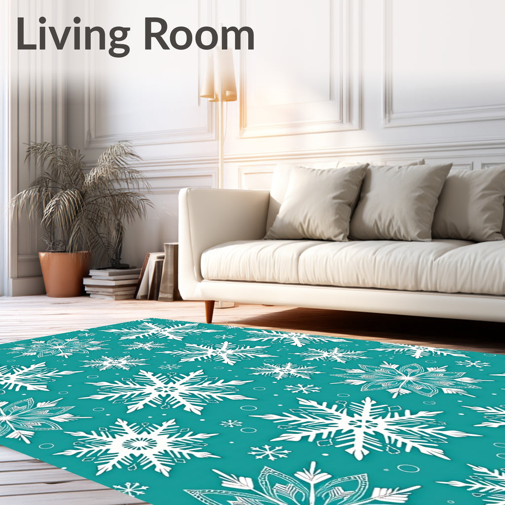 Teal White Snowflake Mandala Collage Rug