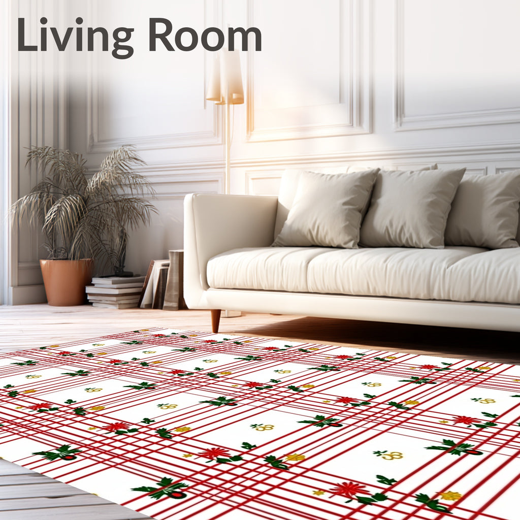 Holiday Red Plaid Floral Bells Rug