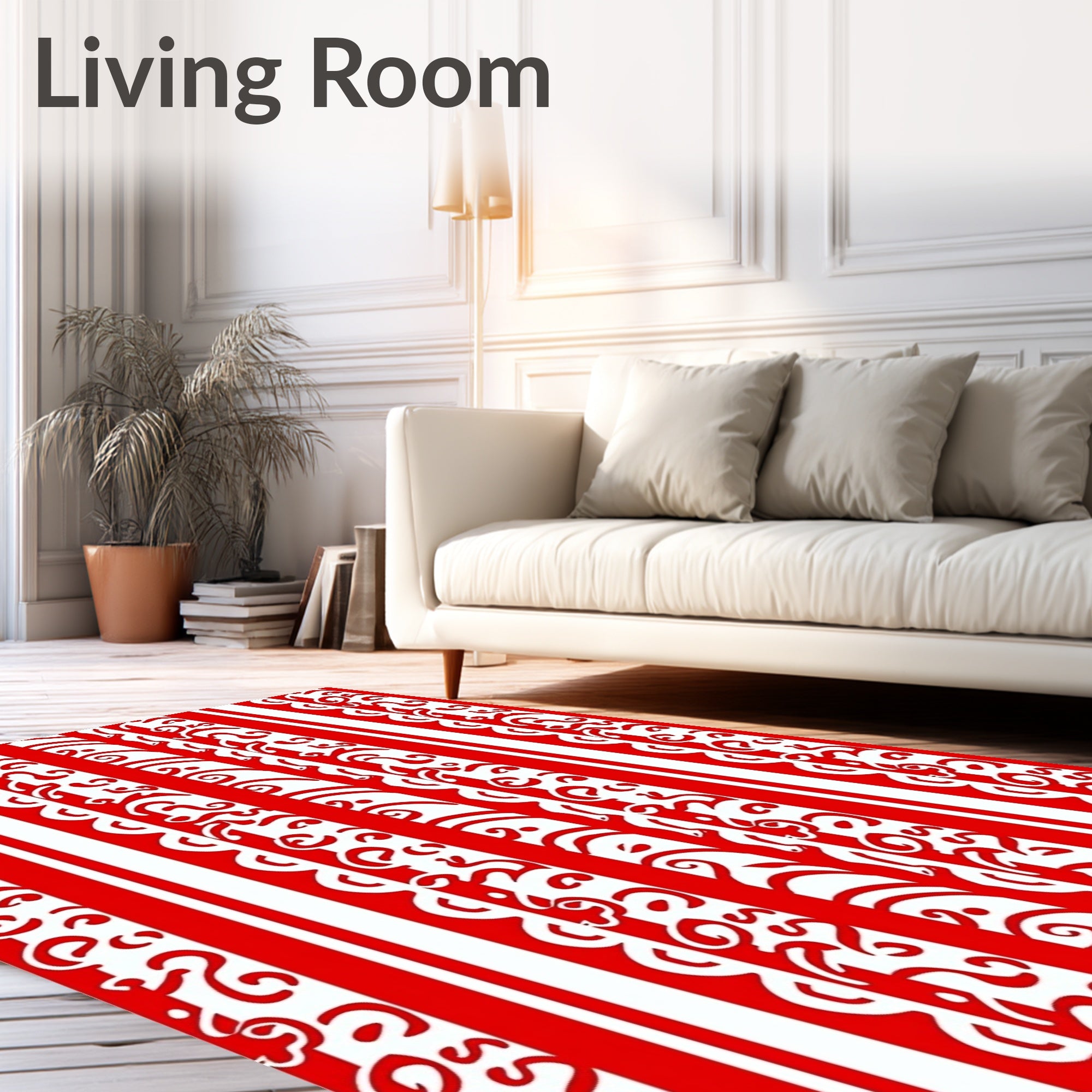 Bold Red White Vertical Stripe Curlicue Rug