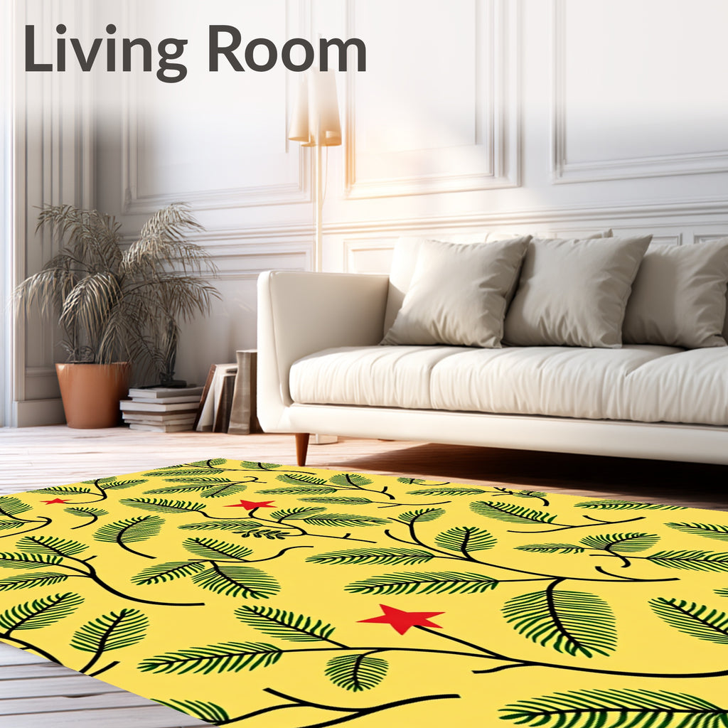Bright Yellow Green Leaf Red Star Rug