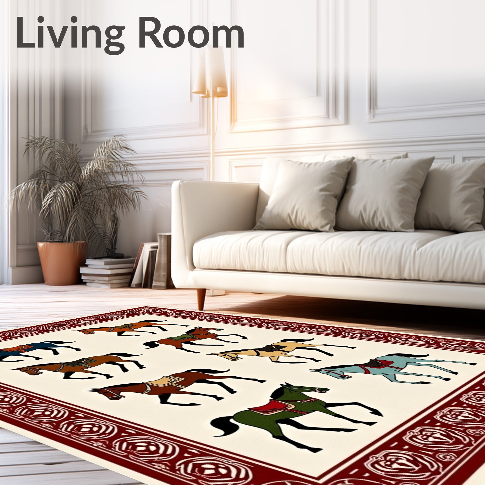 Eight Horse Panel Red Border Rug