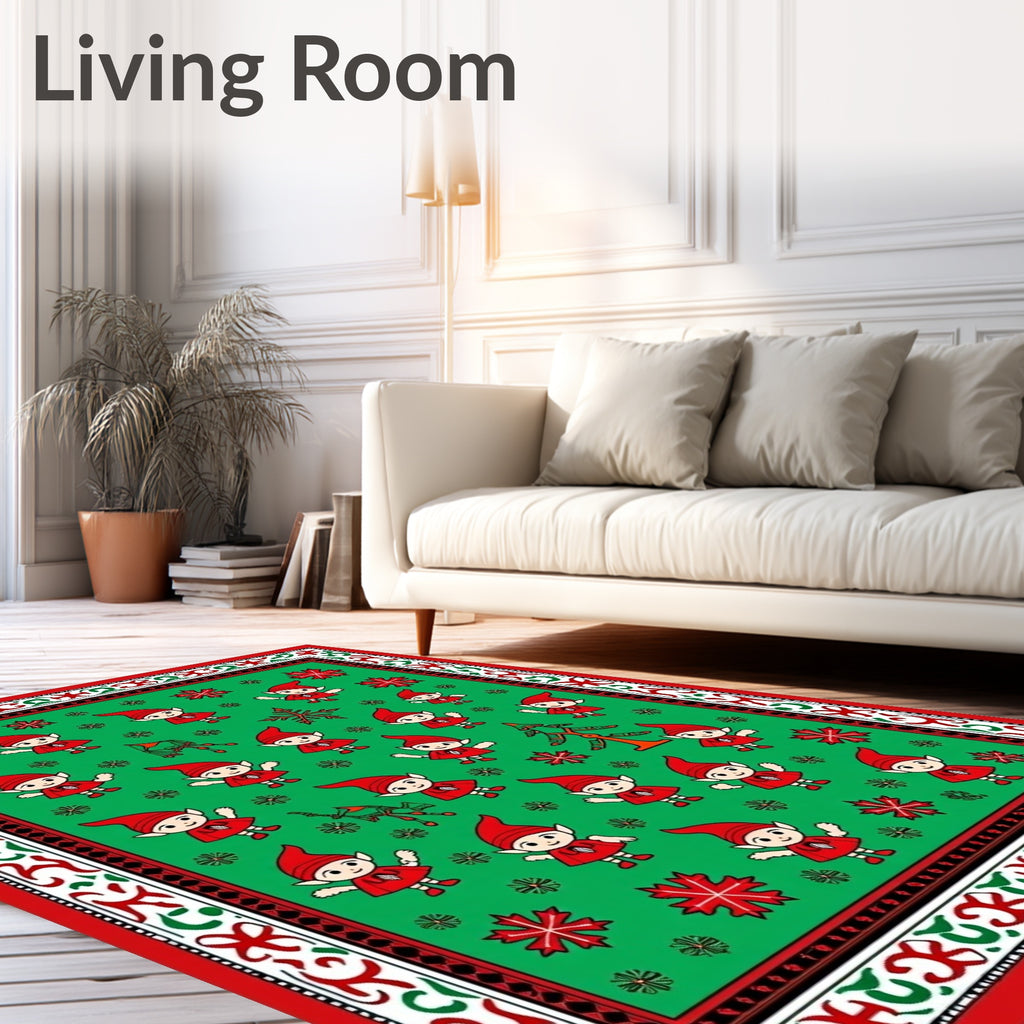 Festive Elf Red Christmas Tree Snowflakes Rug