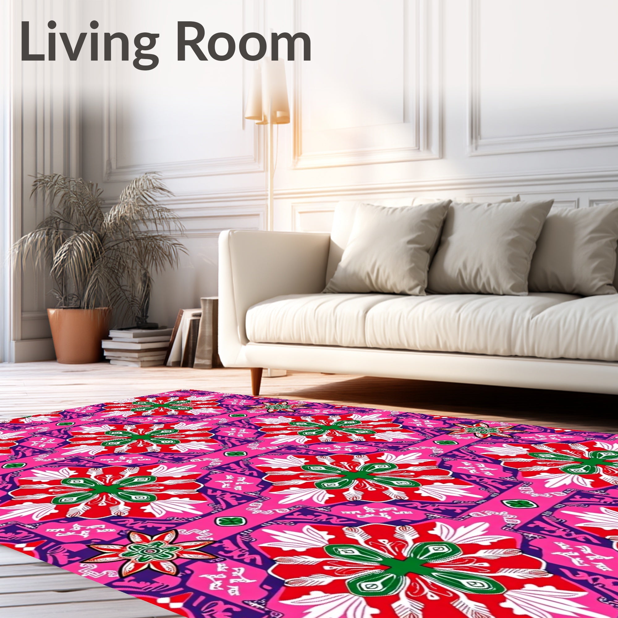 Vibrant Pink Red Green Floral Medallion Rug