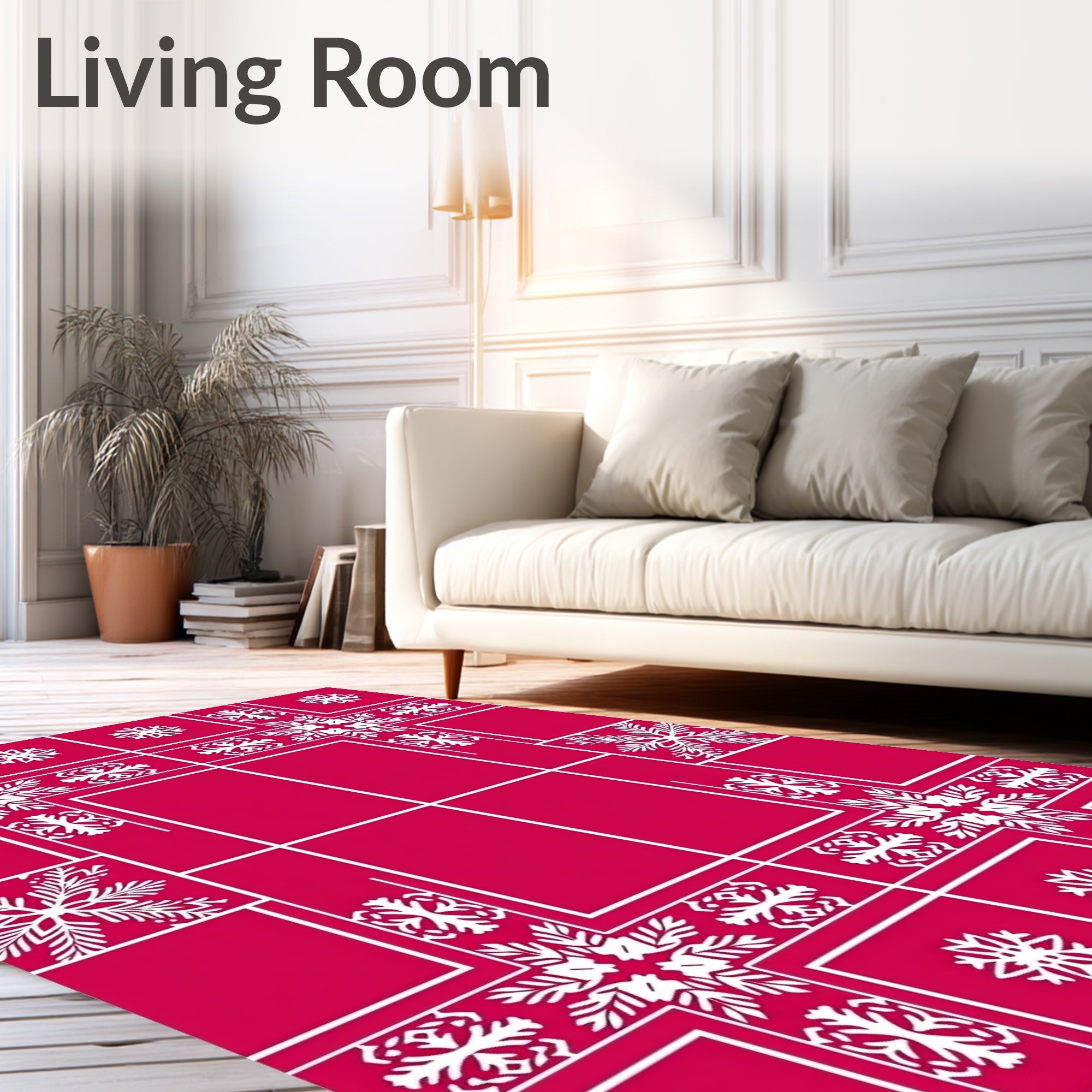 Crimson Snowflake Border Grid Rug