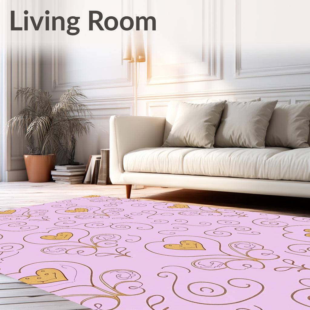 Whimsical Golden Heart Floral Curlicue Rug