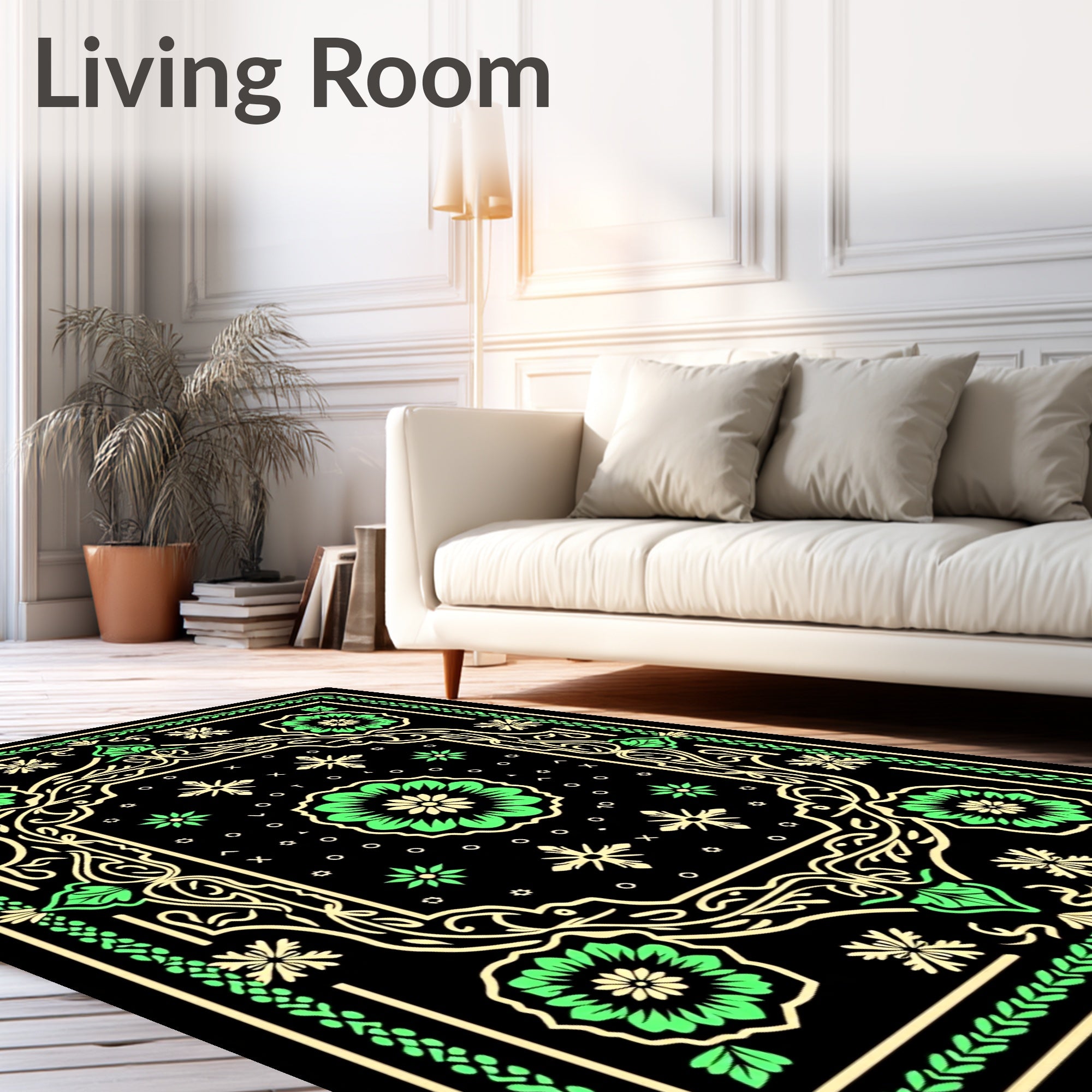 Vibrant Green Floral Scrollwork Rug