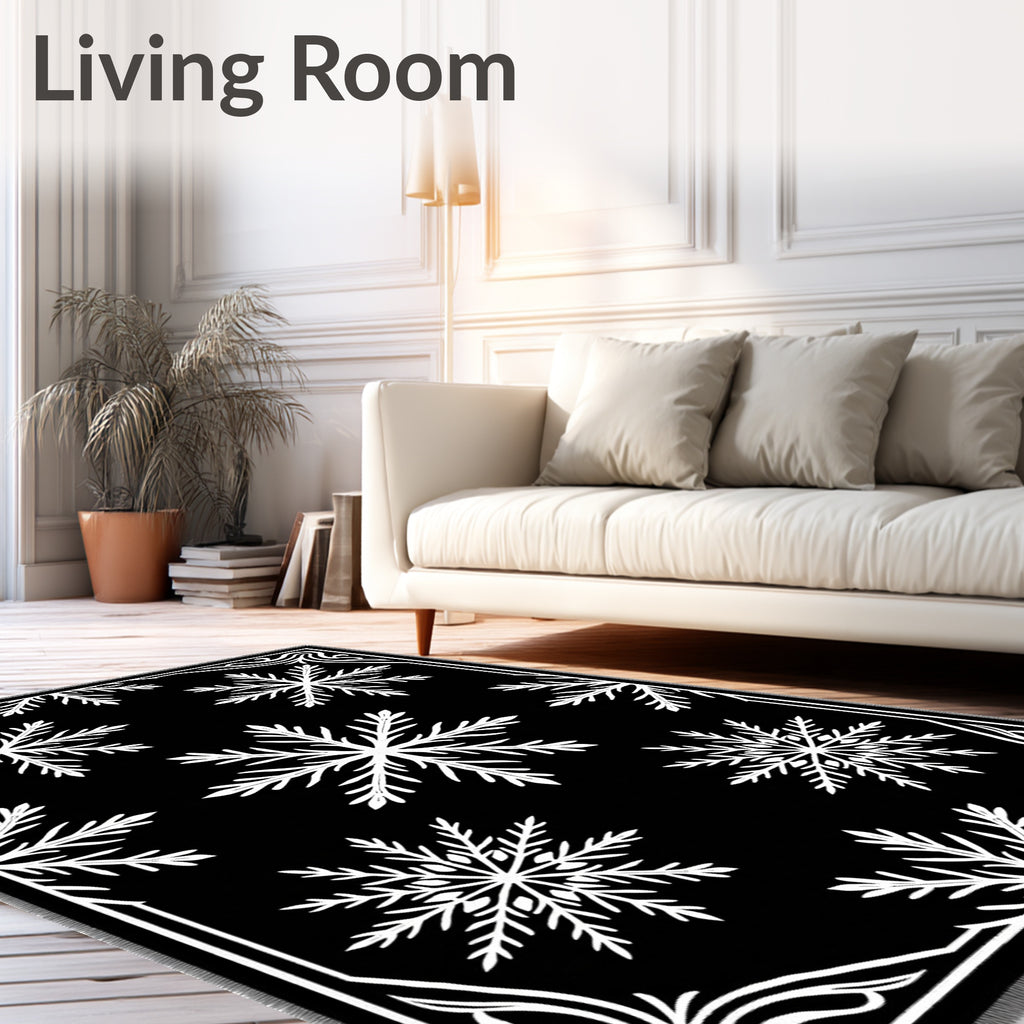 Black White Snowflake Classic Border Rug