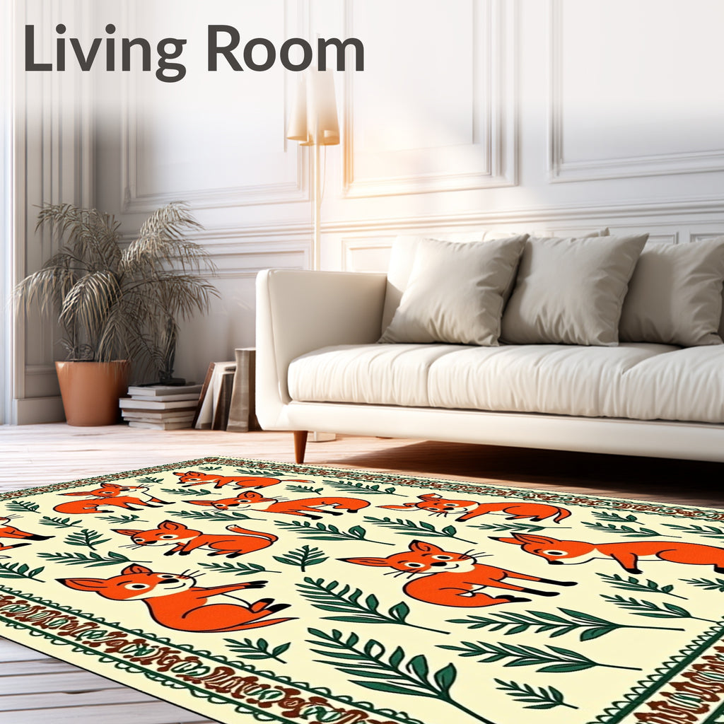 Whimsical Orange Fox Foliage Border Rug
