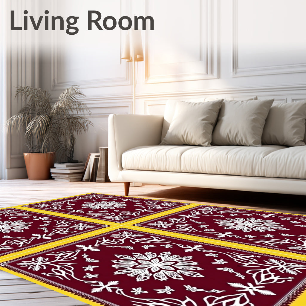 Crimson Yellow Floral Medallion Art Rug
