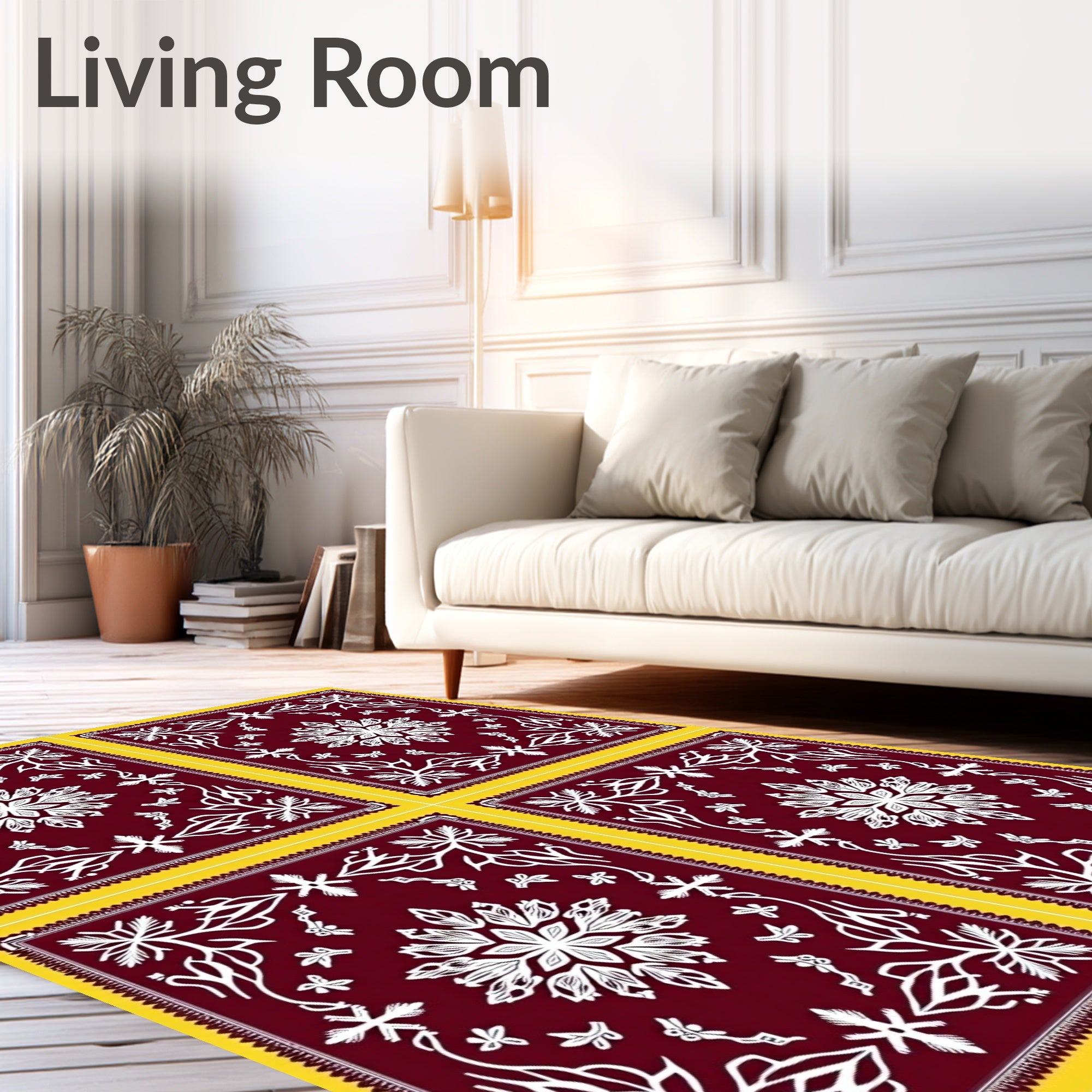Crimson Yellow Floral Medallion Art Rug