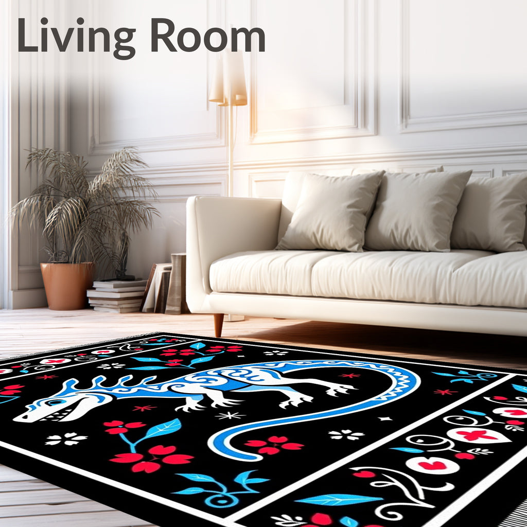 Blue White Dragon Floral Frame Rug