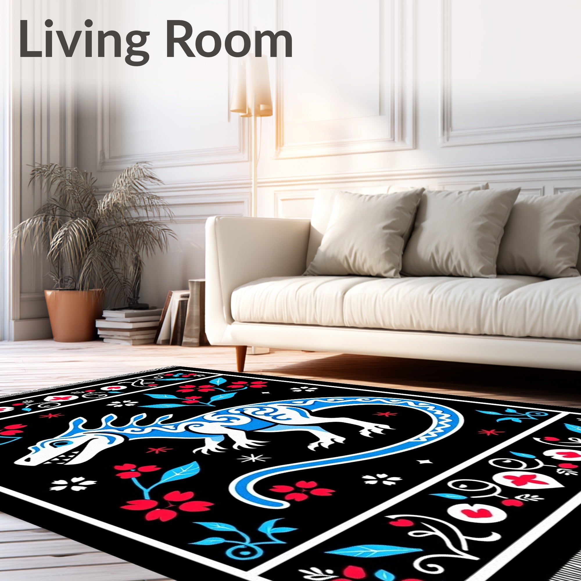 Blue White Dragon Floral Frame Rug