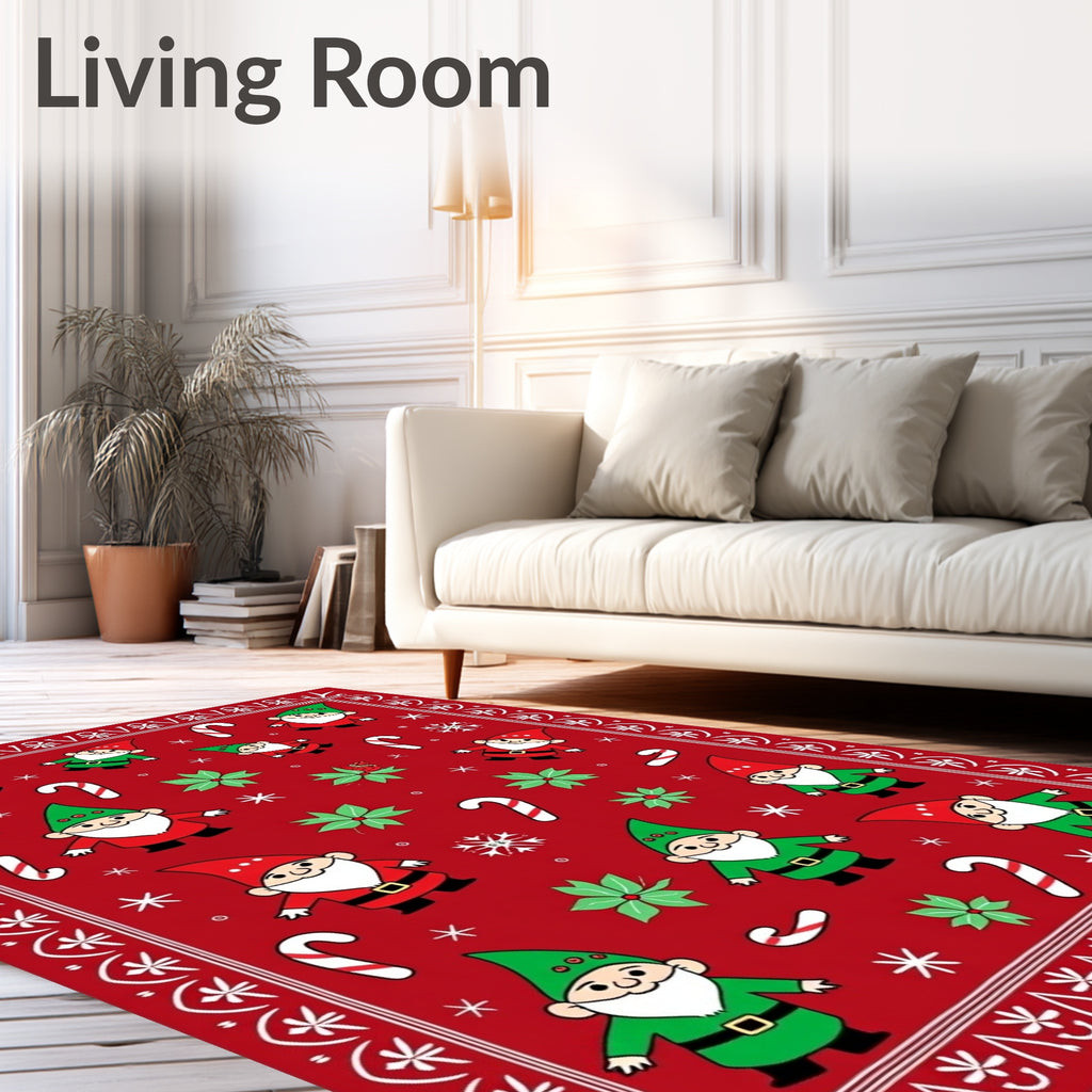 Red Festive Gnomes Candy Cane Holiday Rug