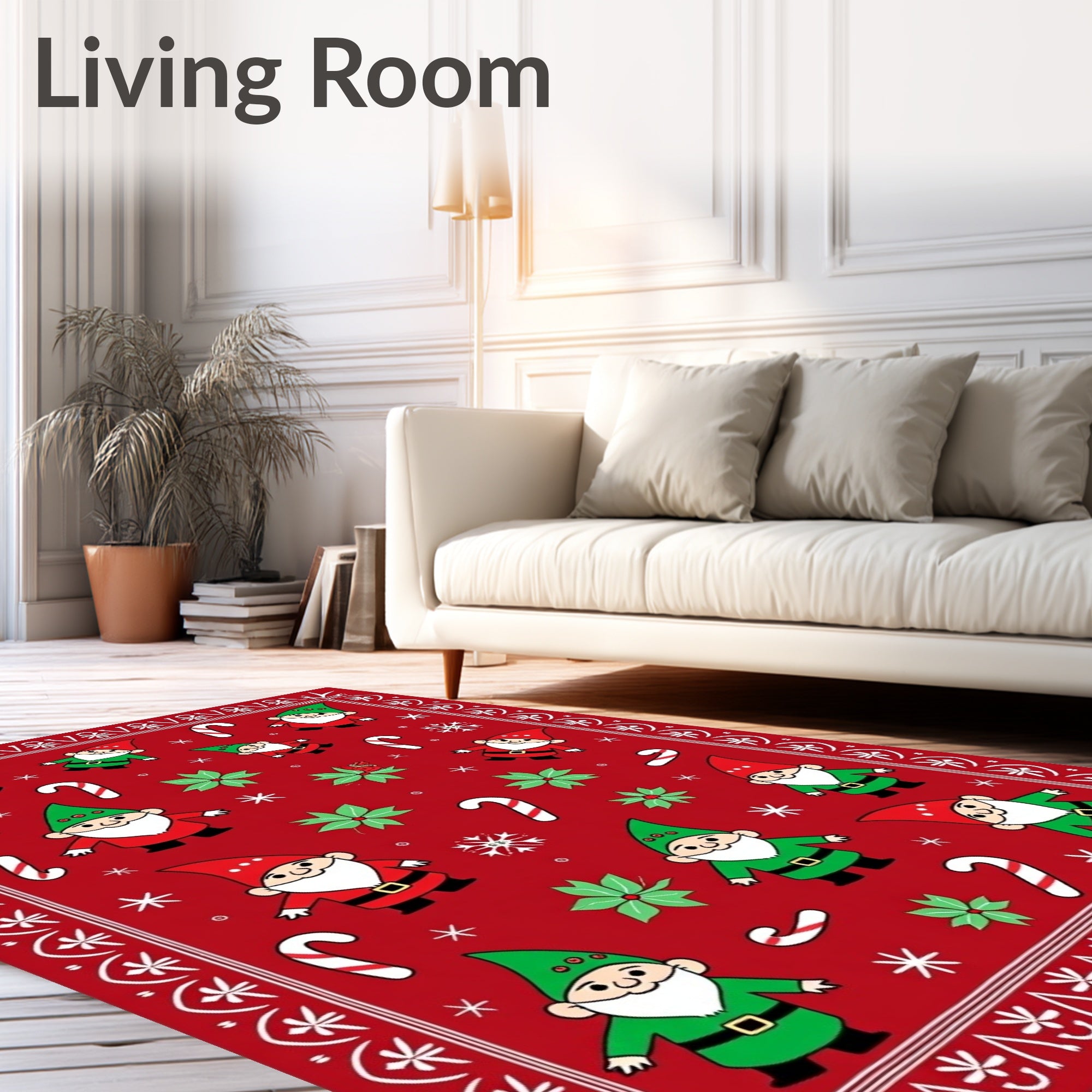 Red Festive Gnomes Candy Cane Holiday Rug