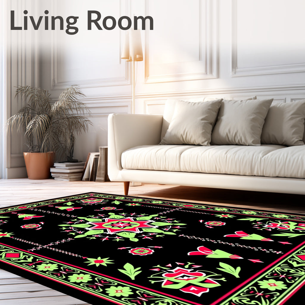 Vibrant Black Floral Medallion Rug