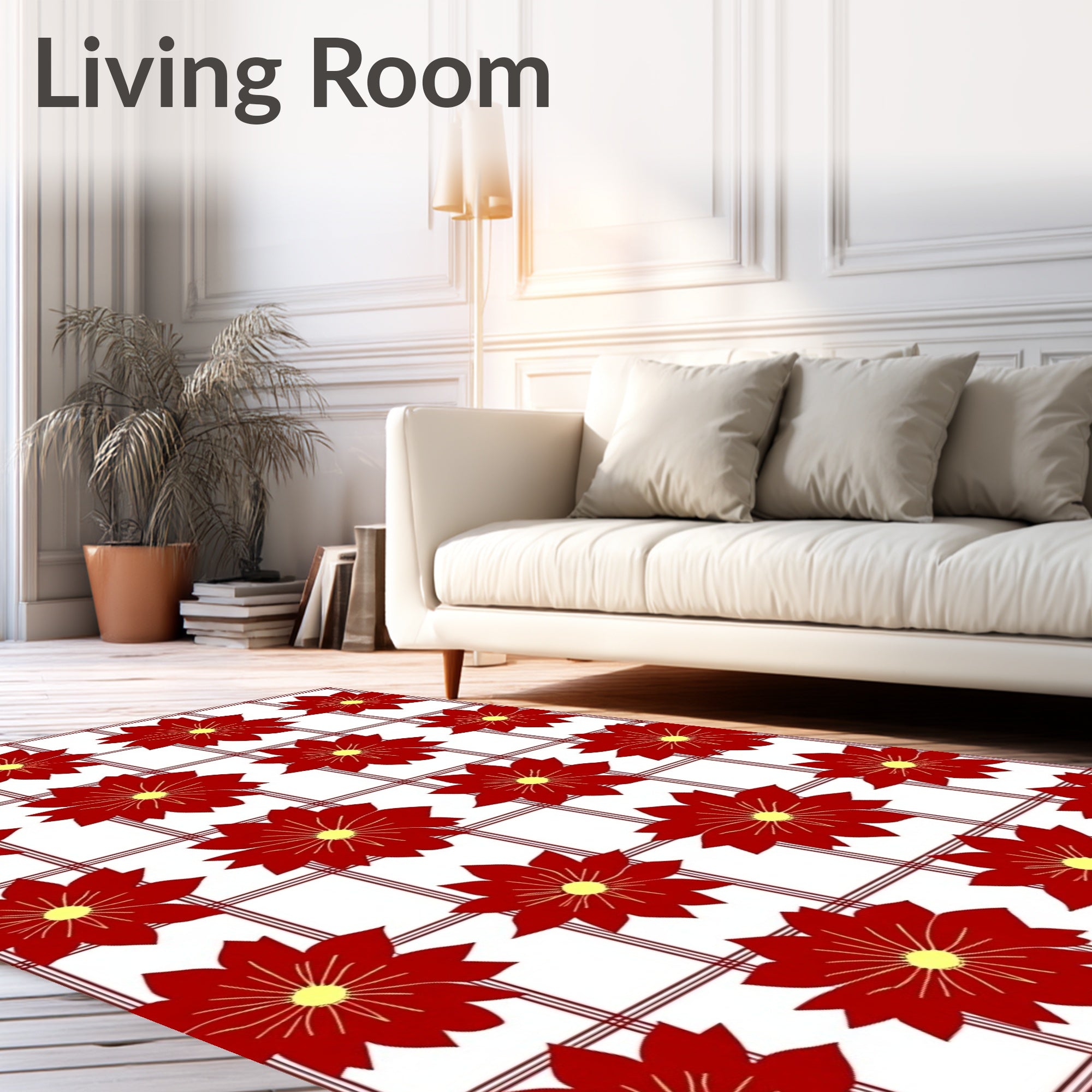 Red Yellow Floral Grid Rug