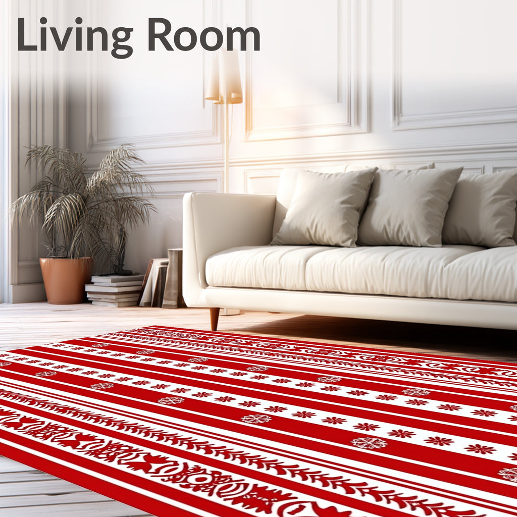Red White Stripe Snowflake Border Rug