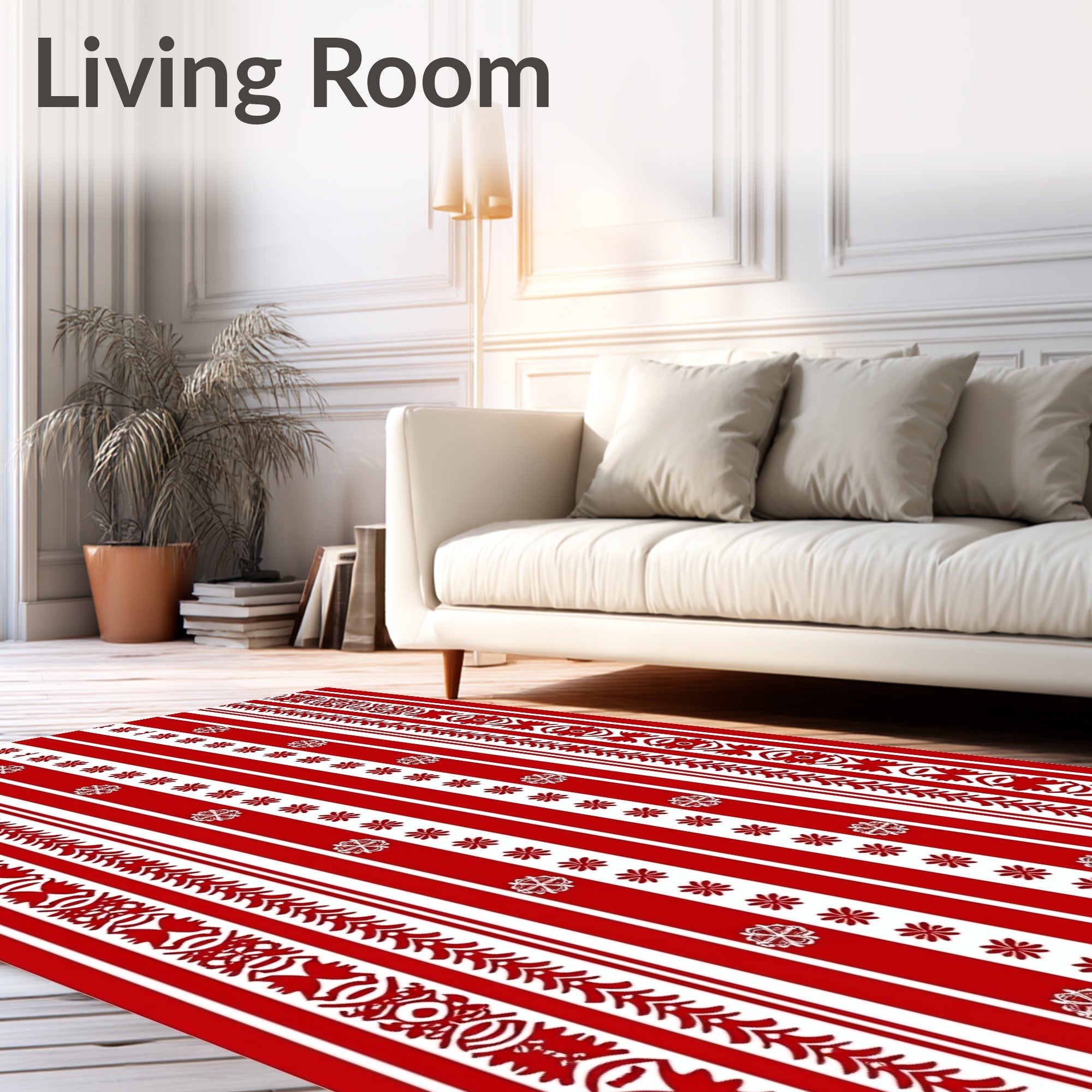 Red White Stripe Snowflake Border Rug